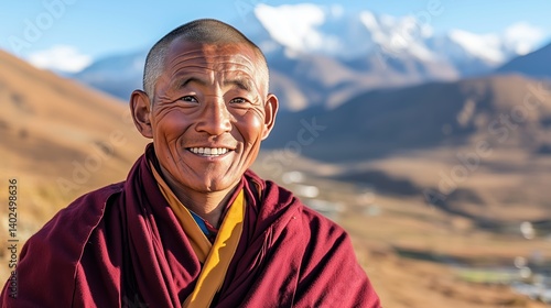 Smiling monk in traditional attire against majestic mountain backdrop during clear daytime