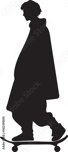Black flat silhouette vector icon, A skateboarder riding a skateboard
