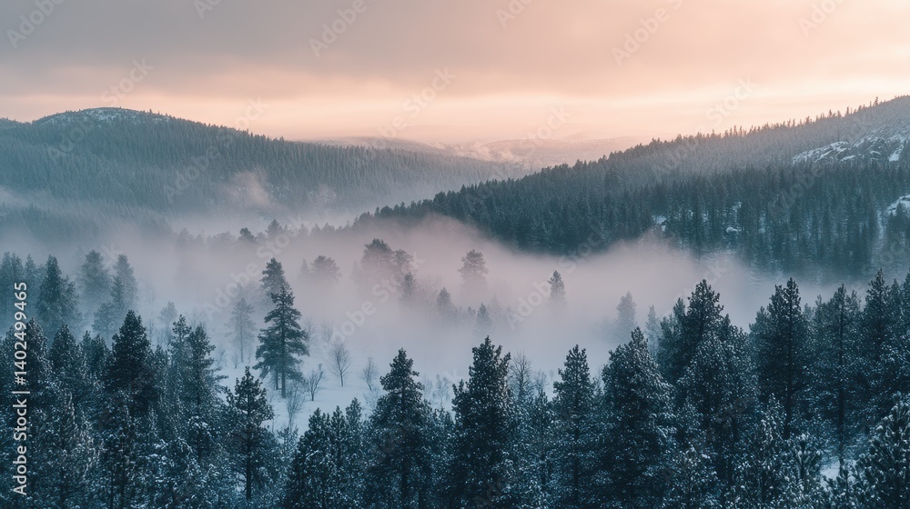 Fototapeta premium Snowy mountain landscape at sunrise with mist enveloping evergreen trees and valley scenery