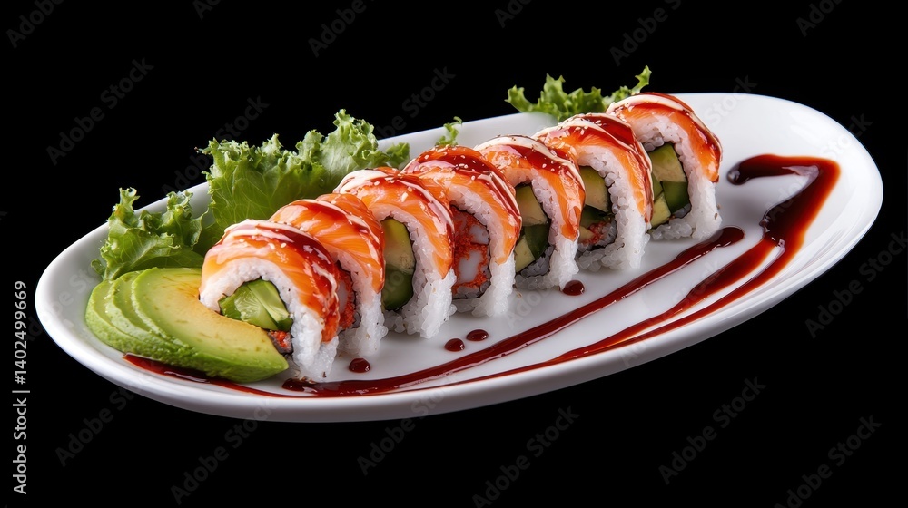 Delicious sushi rolls served on a plate with fresh ingredients and artistic presentation at a vibrant restaurant Delicious sushi rolls served on a plate with fresh ingredients and artistic presentation at a vibrant restaurant