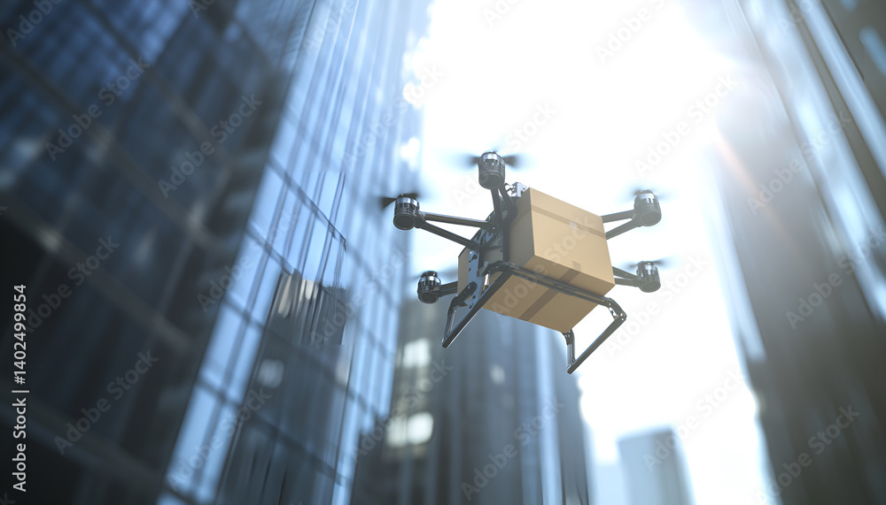 Drone delivering box of medical supplies in urban setting Drone delivering box of medical supplies in urban setting