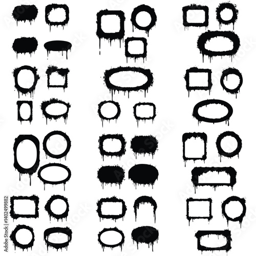Set of grunge-style rectangular and oval frames with black spray paint texture, dripping ink effect, irregular edges, isolated on white background, urban graffiti design, high contrast.