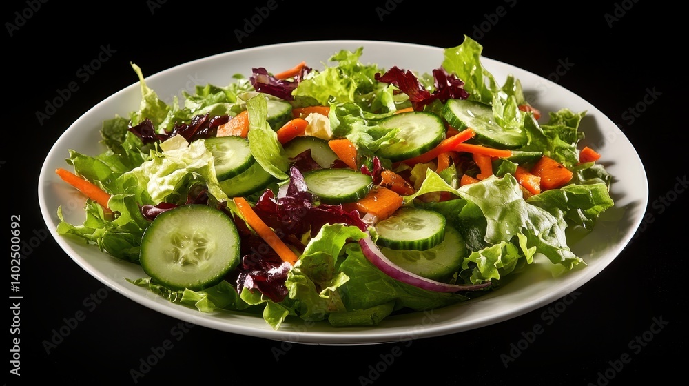 Fresh green salad with cucumbers and carrots served in a round dish against a dark background Fresh green salad with cucumbers and carrots served in a round dish against a dark background