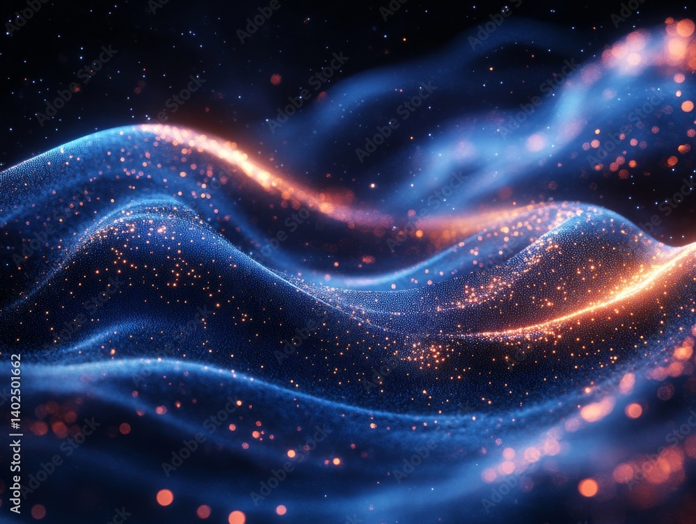 Fototapeta premium Ethereal Flow: A Mesmerizing Dance of Blue Light and Golden Particles in an Abstract, Cosmic Landscape, Evoking Depth, Energy, and a Sense of Wonder.