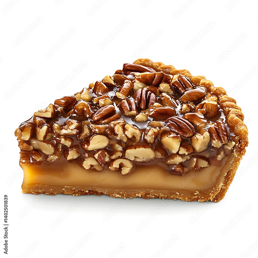 A thick slice of pecan praline pie with smooth filling, golden crust, and crunchy pecans A thick slice of pecan praline pie with smooth filling, golden crust, and crunchy pecans