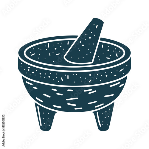 Molcajete Stone mortar with a textured bowl and short legs, side view