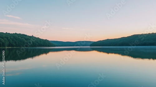 Stunning mountain reflections in a serene lake during early morning light in a tranquil valley