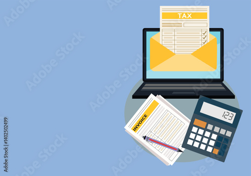 Income tax filing, tax filing form with calculator and laptop
