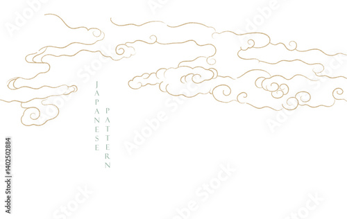 Japanese background with hand drawn line cloud pattern vector. Retro template with geometric pattern. Frame and border in retro style.