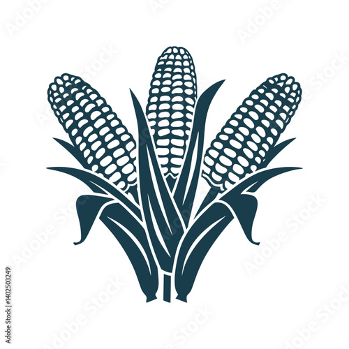Corn Maize Stalk with Three Ears of Corn Husks - Corn Stalk with Three Ears - Vector Illustration