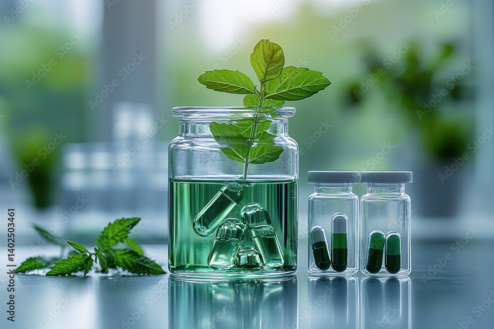 Herbal extracts in glass containers with green capsules arranged on a table indoors