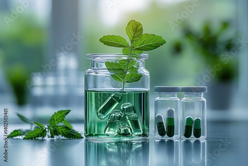 Obraz na płótnie Herbal extracts in glass containers with green capsules arranged on a table indoors w salonie