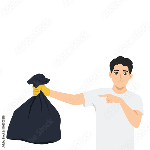 Man with a displeased expression holds a black garbage bag with one hand while pointing at it. Flat Vector character illustration
