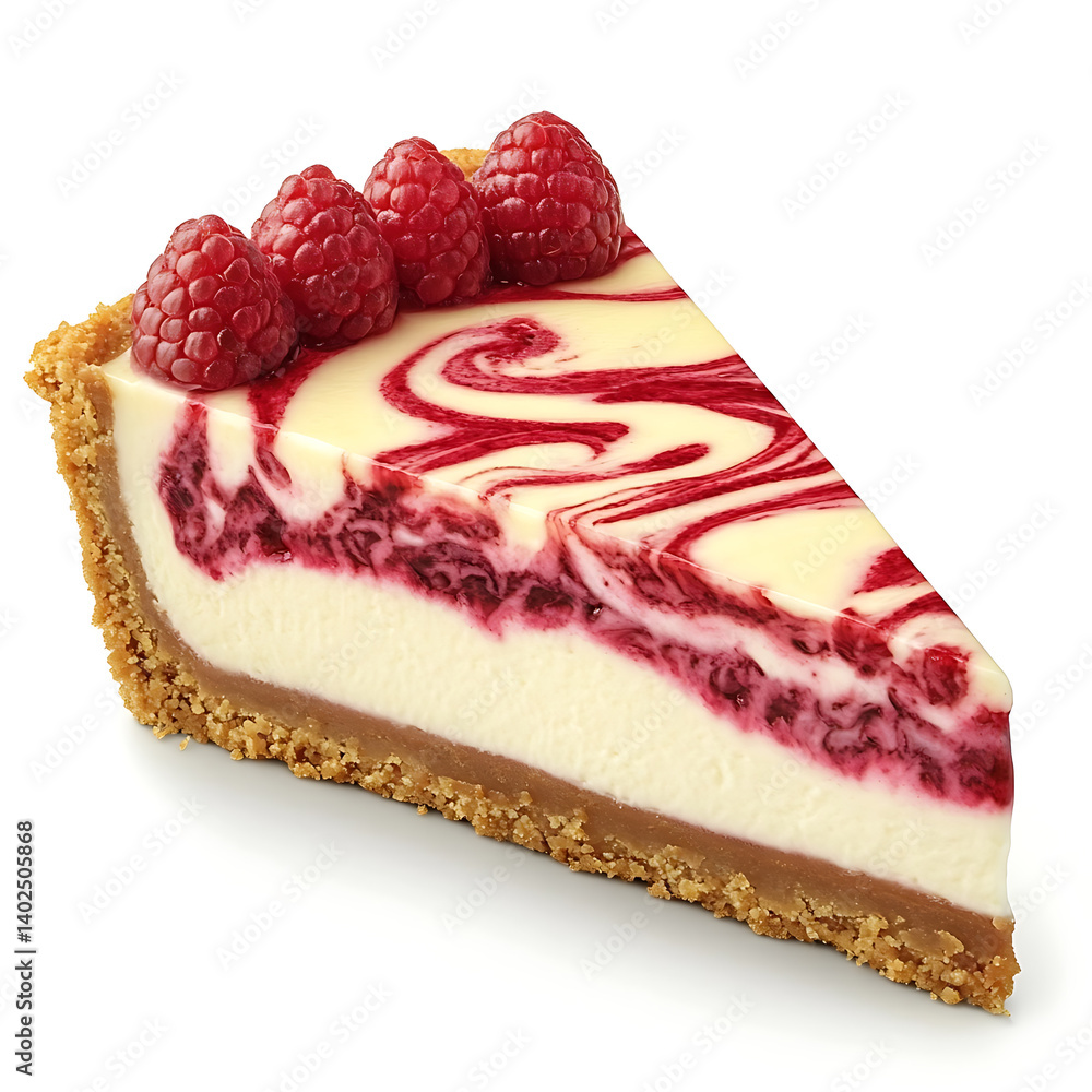 A thick slice of raspberry swirl cheesecake with smooth vanilla base, vibrant raspberry swirls, and buttery graham cracker crust A thick slice of raspberry swirl cheesecake with smooth vanilla base, vibrant raspberry swirls, and buttery graham cracker crust