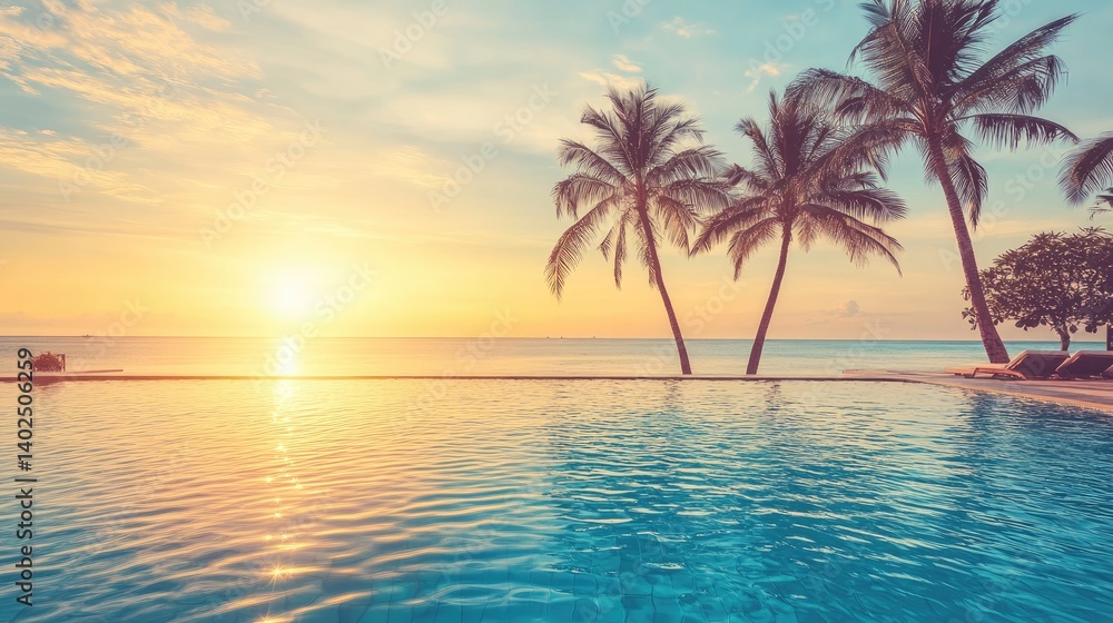 Obraz premium Tropical Sunset View with Palm Trees and Tranquil Swimming Pool