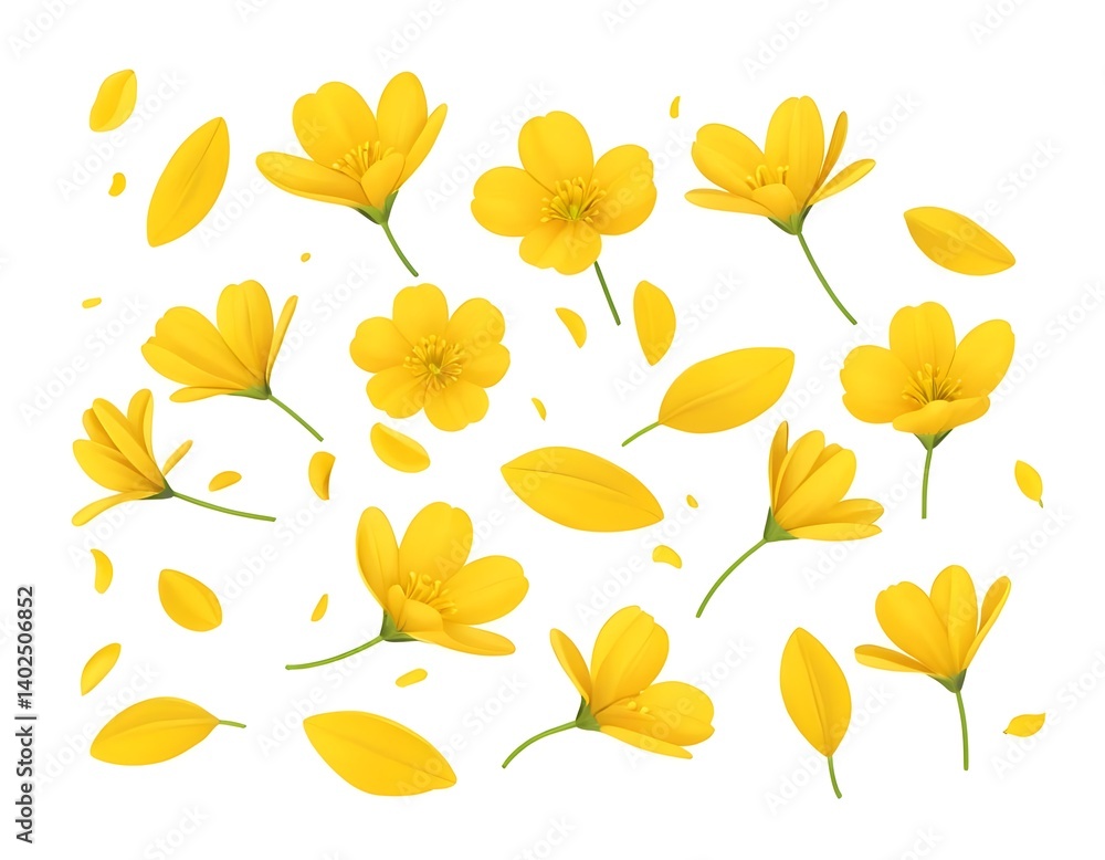 Fototapeta premium Floating Yellow Flowers, Petals, Spring, Isolated