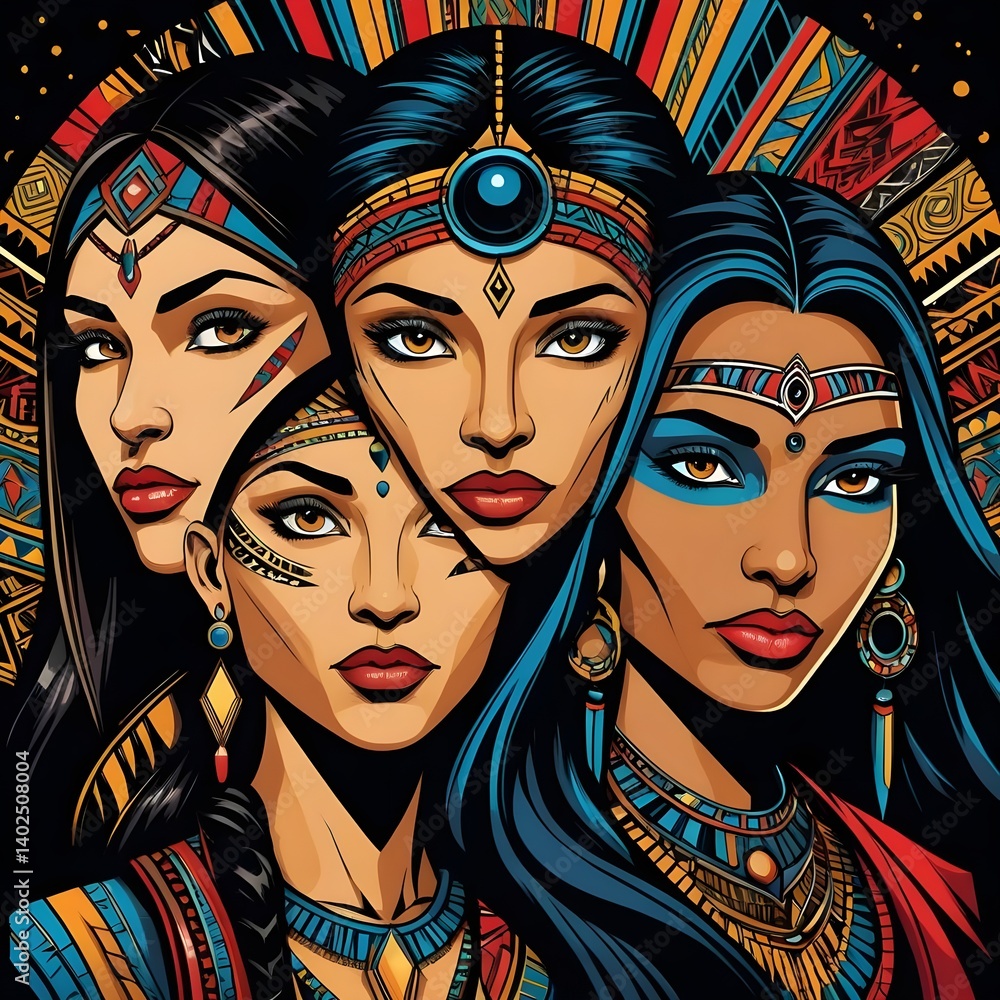 Fototapeta premium Three Indigenous Women, Tribal Art, Cultural Heritage