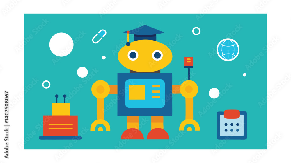 Fototapeta premium Educated Robot with Global Technology Icons