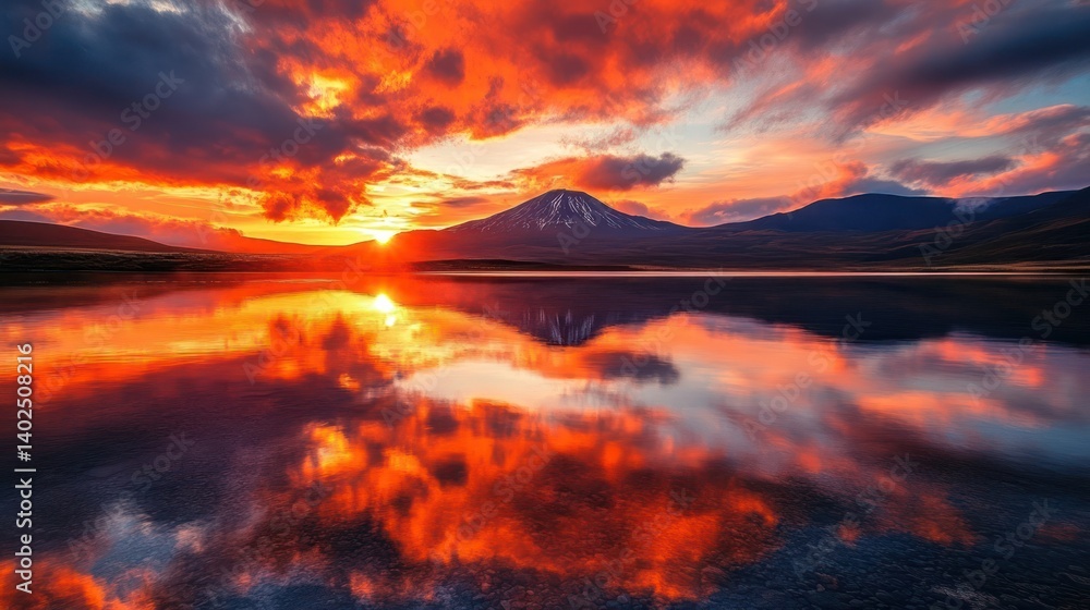 Fototapeta premium Fiery sunset reflecting on calm lake, mountain backdrop, dramatic sky, nature scene