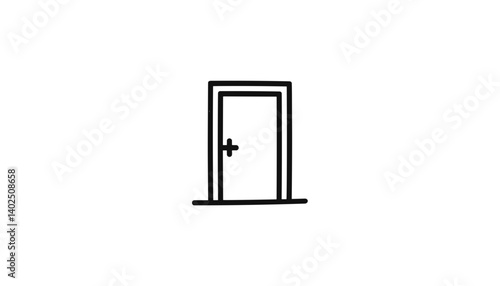 Simple line drawing of an open door on a white background  