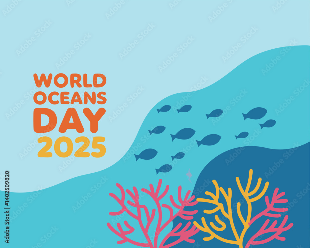Naklejka premium World Oceans Day 2025 Illustration with Fish and Coral Reef.