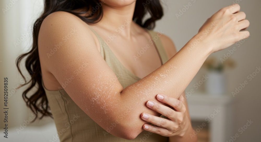 Fototapeta premium Woman Showing Dry Skin on Arm - Dry skin, skin irritation, skincare, health, body. A woman shows dry, flaky skin on her arm