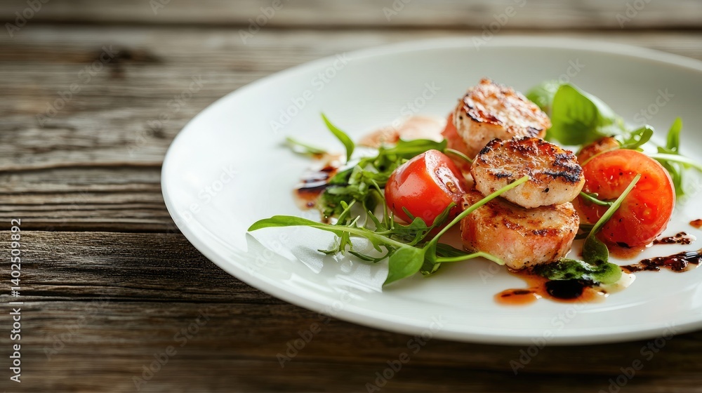 Delicious Grilled Scallops with Cherry Tomatoes and Arugula Salad on Rustic Wooden Table Delicious Grilled Scallops with Cherry Tomatoes and Arugula Salad on Rustic Wooden Table