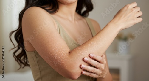 Woman Showing Dry Skin on Arm - Dry skin, skin irritation, skincare, health, body. A woman shows dry, flaky skin on her arm