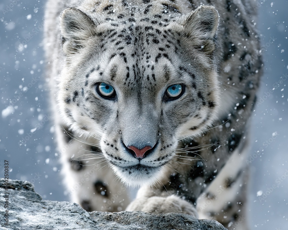 Intense Snow Leopard with Piercing Blue Eyes in Snowy Outdoor Natural Habitat Intense Snow Leopard with Piercing Blue Eyes in Snowy Outdoor Natural Habitat