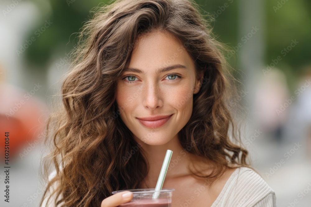 Obraz premium Woman enjoying a fresh fruit smoothie on a sunny day. Her radiant smile reflects the healthy, vibrant refreshment she's sipping.