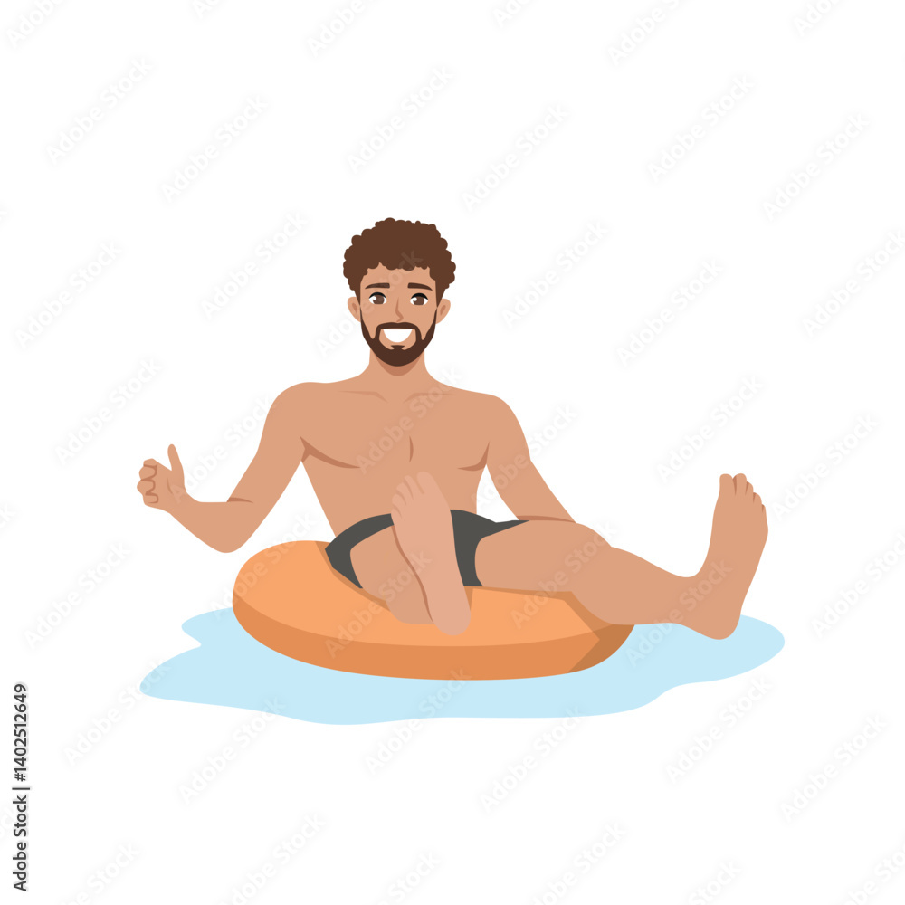 Relaxing Man Floating on a Tube in swimwear enjoys floating on a red inflatable tube. Flat Vector character illustration Relaxing Man Floating on a Tube in swimwear enjoys floating on a red inflatable tube. Flat Vector character illustration