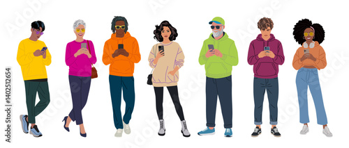 Set of different people using gadgets. Business men and women holding smartphones and tablet, texting, talking, watching news. Group of male, female cartoon characters Vector realistic illustrations.