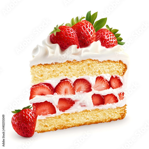 A thick slice of strawberry shortcake with smooth whipped cream, soft cake layers, and fresh strawberries