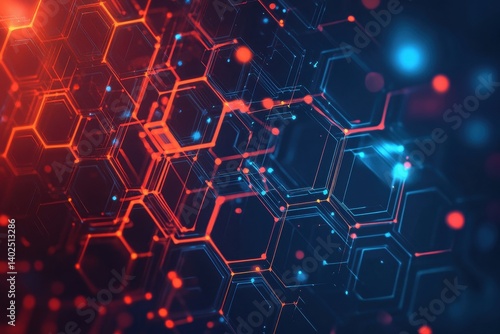 Abstract digital network featuring glowing honeycomb and connecting lines