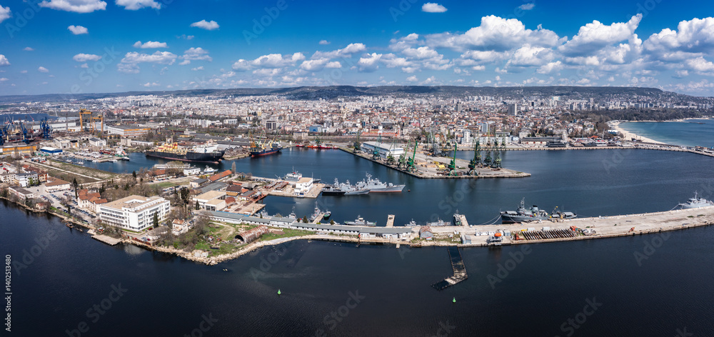 Fototapeta premium Aerial view to a port of Varna, Bulgaria. Logistics and transport