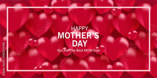 Mother's Day card, banner, poster, flyer, label or cover with red hearts, loves, can be used for Valentine's day, holiday templates, Womens Day, birthday, cosmetic products, Easter decor, web, ads.