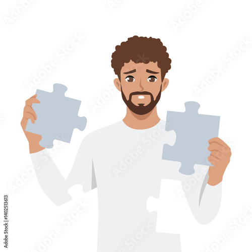 Man with worried expression holds two mismatched puzzle pieces, confusion or problem solving. Flat Vector character illustration