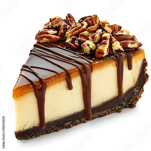 A thick slice of turtle cheesecake with creamy caramel filling, crunchy pecan topping, and rich chocolate drizzle