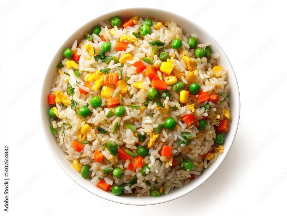 Bowl of flavorful fried rice. A healthy, tasty, and versatile dish of cooked rice, mixed with colorful vegetables, and garnished with fresh herbs