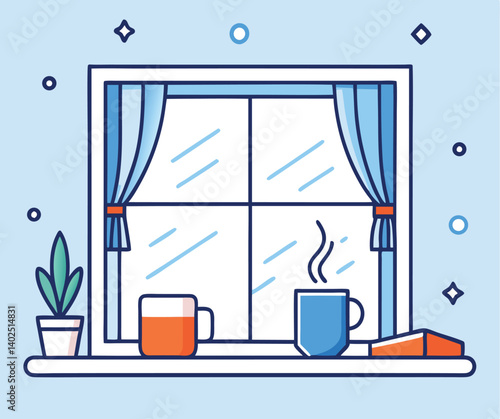 Cozy Home Interior Illustration Window View With Coffee And Plant Minimal Style