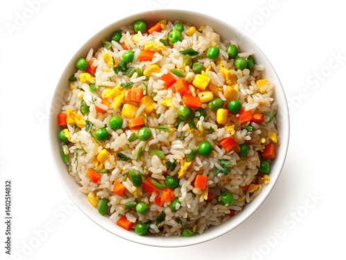 Obraz na płótnie Bowl of flavorful fried rice. A healthy, tasty, and versatile dish of cooked rice, mixed with colorful vegetables, and garnished with fresh herbs w salonie
