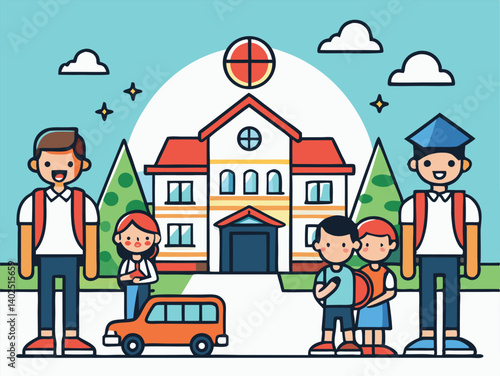 Cheerful Students And School Building Illustration In Flat Design Style With Blue Background