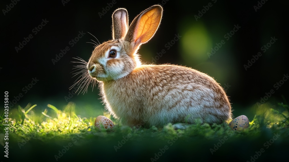 A fluffy brown rabbit basking in the sunlight, with easter eggs nestled nearby. A fluffy brown rabbit basking in the sunlight, with easter eggs nestled nearby.