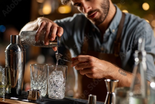 Wallpaper Mural Bartender crafting a drink. Liquid from shaker being measured and poured into glass with ice at the bar. Focused, skilled beverage prep. Torontodigital.ca