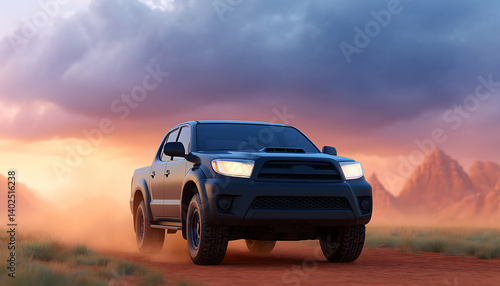 Dark pickup truck driving on desert road at sunset