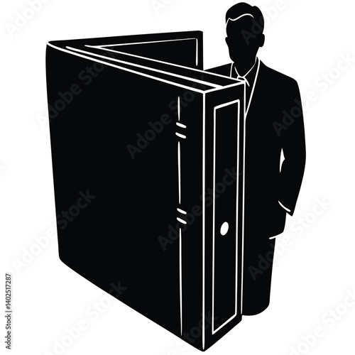 Silhouette of Man Standing Behind a Giant Black Wallet: Financial Concept, Money Management, Business, Vector Illustration