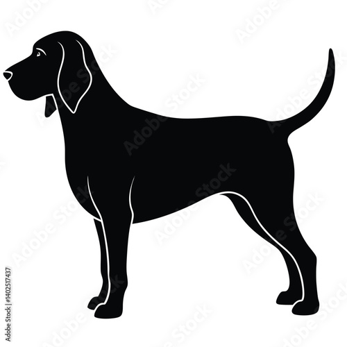 Black Silhouette of a Bloodhound Dog: Vector Illustration of a Purebred Hound Breed Standing in Profile, Canine Artwork