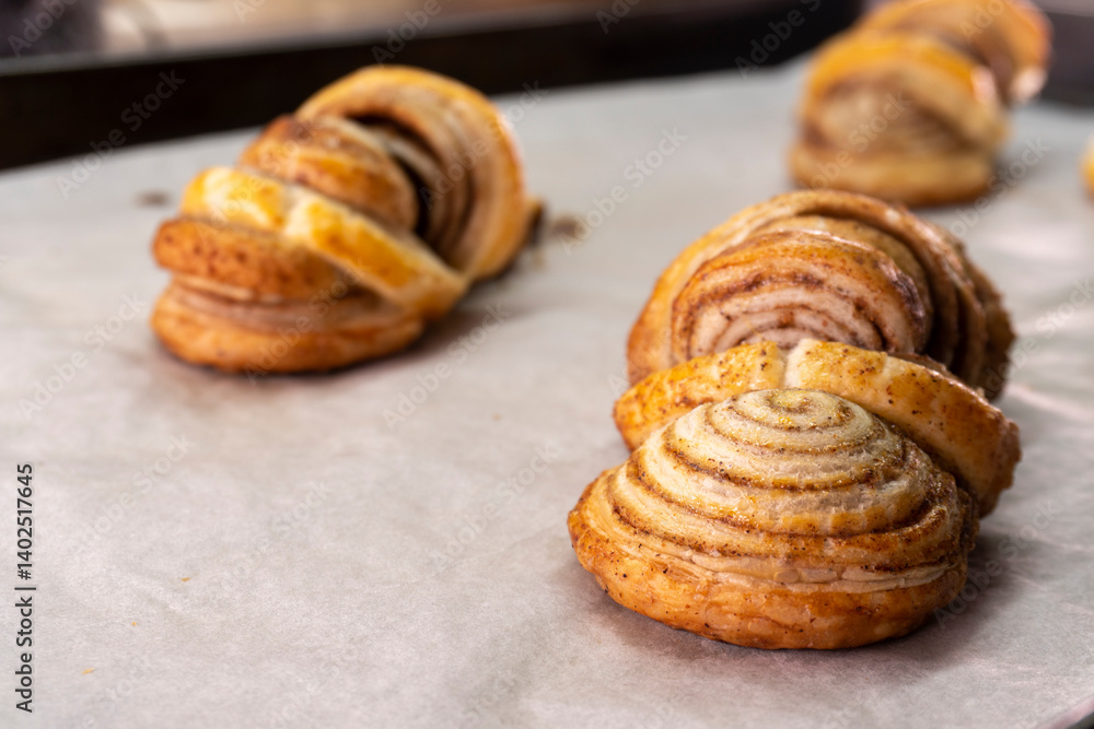 Fototapeta premium Puff pastry cinnamon rolls. Pastry dessert. food