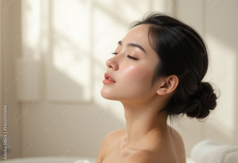 Elegant Asian Woman with Glowing Skin, Side Profile Beauty Portrait for Skincare and Beauty Product Advertising. Elegant Asian Woman with Glowing Skin, Side Profile Beauty Portrait for Skincare and Beauty Product Advertising.