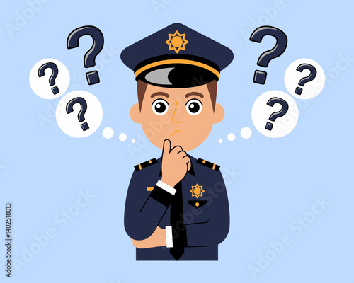 Confused cartoon cop with question marks. Police officer pondering, cartoon illustration.